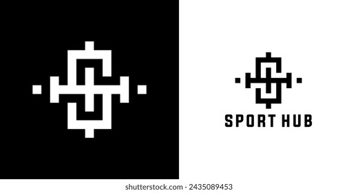 sports logo design with strong letter H and barbell