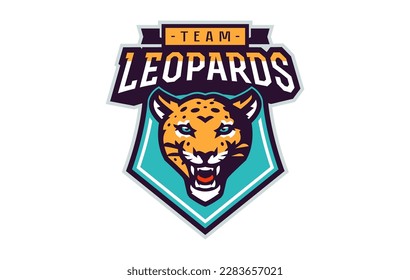 Sports logo with leopard mascot. Colorful sport emblem with leopard mascot and bold font on shield background. Logo for esport team, athletic club, college team. Isolated vector illustration