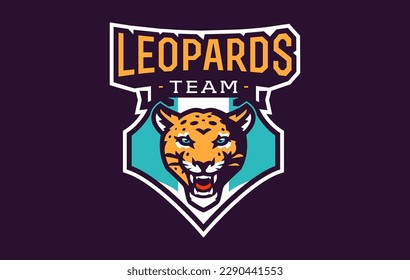 Sports logo with leopard mascot. Colorful sport emblem with leopard mascot and bold font on shield background. Logo for esport team, athletic club, college team. Isolated vector illustration