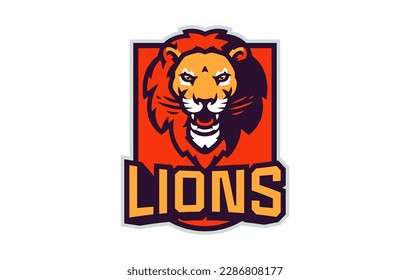 Sports logo with lion mascot. Colorful sport emblem with lion, leo mascot and bold font on shield background. Logo for esport team, athletic club, college team. Isolated vector illustration