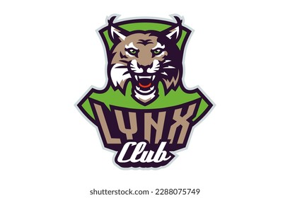 Sports logo with lynx mascot. Colorful sport emblem with lynx, bobcat mascot and bold font on shield background. Logo for esport team, athletic club, college team. Isolated vector illustration