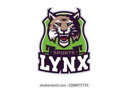 Logo deportivo con mascota lynx. Emblema deportivo colorido con lynx, mascota bobcat y letra negrita sobre fondo escudo. Logo para el equipo deportivo, el club deportivo, el equipo universitario. Ilustración vectorial aislada