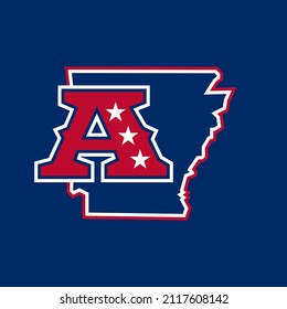 Sports logo map of Arkansas with the letter A. Print for a t-shirt, banner for a basketball, baseball, football team.