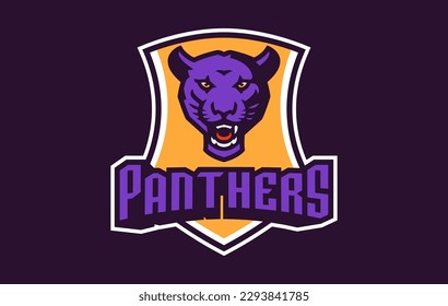 Sports logo with panther mascot. Colorful sport emblem with panther, puma mascot and bold font on shield background. Logo for esport team, athletic club, college team. Isolated vector illustration