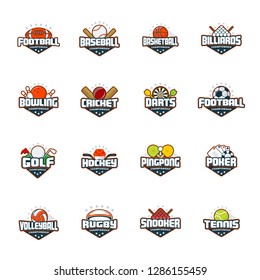 Sports logo set. Football, baseball, basketball, billiards, bowling, cricket, darts, golf, hockey, ping pong, poker, volleyball, rugby, snooker, tennis. Vector isolated colorful sport badges