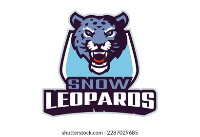 Sportlogo mit Schnee-Leoparden-Maskottchen. Farbiges Sportemblem mit Schnee-Leoparden-Maskottchen und kühlem Schriftzeichen auf Schild-Hintergrund. Logo für das Begleitteam, den Sportclub, das College-Team. Vektorgrafik