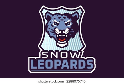 Sports logo with snow leopard mascot. Colorful sport emblem with snow leopard mascot and bold font on shield background. Logo for esport team, athletic club, college team. Vector illustration