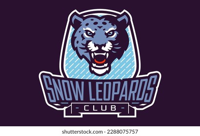 Sports logo with snow leopard mascot. Colorful sport emblem with snow leopard mascot and bold font on shield background. Logo for esport team, athletic club, college team. Vector illustration