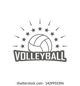 Sports logo volleyball club. Ball rays and stars with text. Black and white illustration on a sports theme.