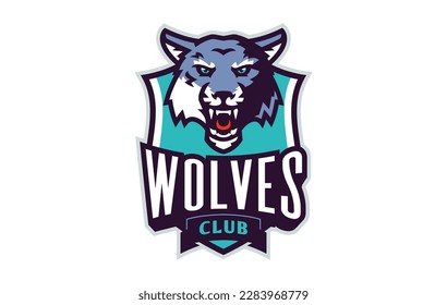 Sports logo with wolf mascot. Colorful sport emblem with wolf mascot and bold font on shield background. Logo for esport team, athletic club, college team. Isolated vector illustration