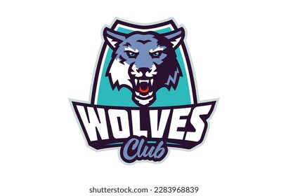 Sports logo with wolf mascot. Colorful sport emblem with wolf mascot and bold font on shield background. Logo for esport team, athletic club, college team. Isolated vector illustration