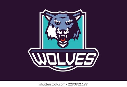 Sports logo with wolf mascot. Colorful sport emblem with wolf mascot and bold font on shield background. Logo for esport team, athletic club, college team. Isolated vector illustration