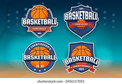 Sports logos for basketball teams. Icon for competitions in team sports on a thematic background. Vector illustration