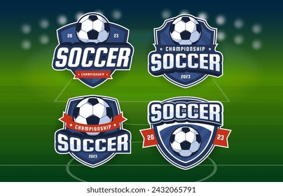 Sports logos for soccer teams. Icon for competitions in team sports on a thematic background. Vector illustration