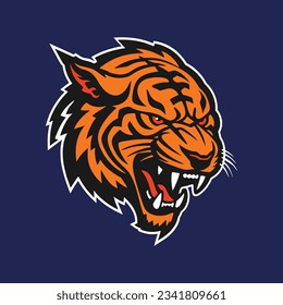 Sports logos with tiger mascots. Colorful collection sports emblem with tiger mascot and bold font on shield background. Logo for esport team, athletic club. Isolated vector illustration.