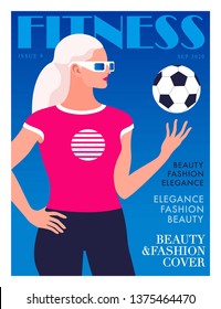Sports magazine cover design. Blonde woman in sportswear, with soccer ball, blue background. Vector illustration