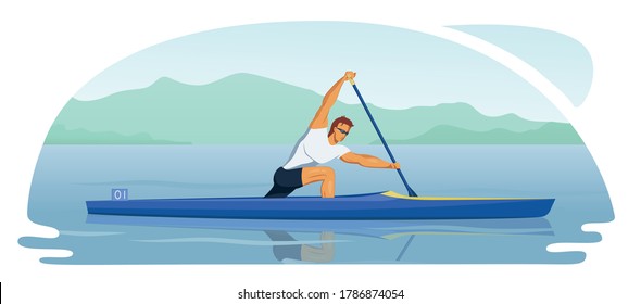 Sports male athlete participate in canoeing race sprint. Man kneel and paddles. Canoe training in the middle of a picturesque river. Vector flat design character illustration.