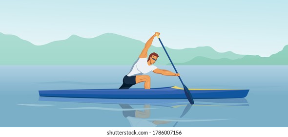 Sports male athlete trains on a kayak. In a pose with support on one knee, he paddles. Canoe training in the middle of a picturesque river. Vector flat design character illustration.