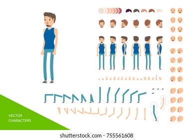 Sports male character design kit. Full elements and views collection isolated on white background. Vector illustration.