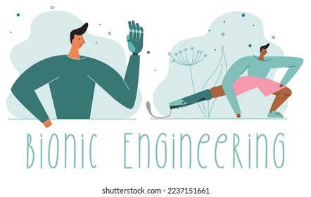 The sports man birth anomaly, has bionic leg, titanium foot and man with disability has bionic hand or implant prosthesis. Vector illustration with phrase BIONIC ENGINEERING.