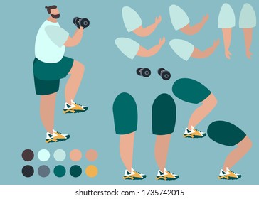 Equipo de construcción de hombres deportivos. Un tipo vestido con ropa de entrenamiento y timbre. Conjunto de detalles de caricaturas planas aislados sobre fondo blanco. Ilustración vectorial.
