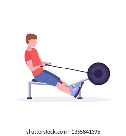 sports man doing exercises on rowing machine guy working out in gym on training apparatus healthy lifestyle concept flat white background