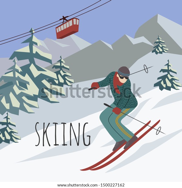 Sports man riding a\
winter ski on snow slope on background ski resort in mountains and\
ski lift. Vector flat cartoon illustration. Freehand design for\
cards, banners or\
posters
