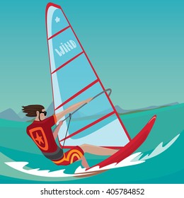 Sports man rushes standing on the board and holding the sail with two hands - Extreme sport or windsurfing concept. Vector illustration