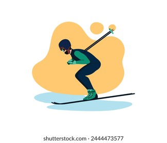 Sports man skiing. Vector illustration of skier jumping from mountain in action pose isolated on white. Winter extreme sport, competition concept