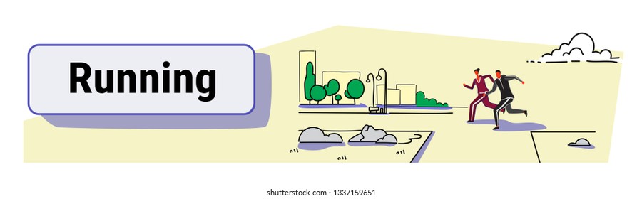 sports man woman jogging runners couple running outdoor city urban park cityscape background healthy lifestyle concept sketch doodle full length horizontal banner