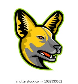 Sports mascot icon illustration of head of an African wild dog, African hunting dog, African painted dog, painted hunting dog, or painted wolf, a canid native to Sub-Saharan Africa, viewed from sided