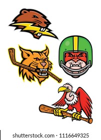 Sports mascot icon illustration set of  of American wildlife like North American beaver with lightning bolt, bobcat with ice hockey stick, bulldog wearing gridiron helmet, Condor with baseball bat.