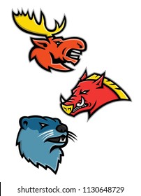 Sports mascot icon illustration set of heads of North American wildlife like the bull moose or elk, razorback, feral pig, wild hog or boar and the river otter or common otter in retro style.