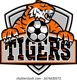 Sports mascot icon illustration of a tiger with soccer football ball viewed from front set inside shield, crest or badge with text Tigers on isolated background in retro style.