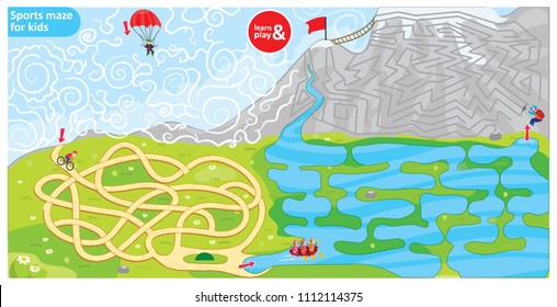 Sports Maze Game For Kids. Puzzle For Development Logic In Children. Sports Theme Maze Bike, Parachute, Rowing And Climbing. Use For Educational Books, Board Games, Wallpapers. Vector Illustration.