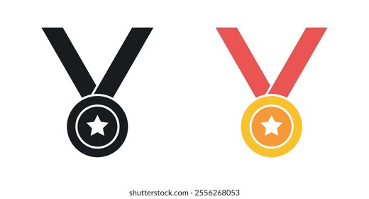 Sports medal icon set in black and colored versions.
