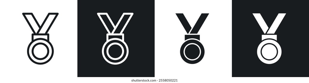 Sports medal icons pack in black and white filled and outlined versions.