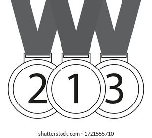 Sports medals, 1st, 2nd and 3rd medal with gray ribbon. Champion winner awards, vector symbols