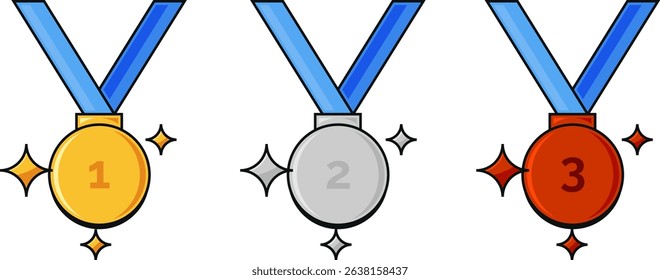Sports medals. Gold silver bronze medals. Champion winner award template vector. Championship trophy illustration, champion medal set
