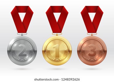 Спортивные медали. Золотая серебряная бронзовая медаль с красной лентой. Чемпион победитель награды чести вектор изолированный шаблон