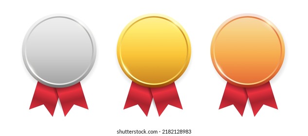 Sports medals. Golden silver bronze medal with red ribbon. Champion winner awards. Vector isolated template