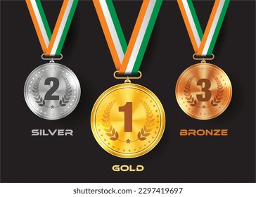 Sports medals. Golden silver bronze medal with indian colors. Champion winner awards of honor 