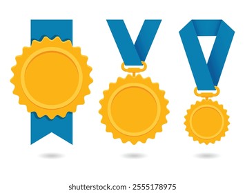 Sports medals. Golden silver bronze medal with red ribbon. Champion winner awards of honor vector isolated template.