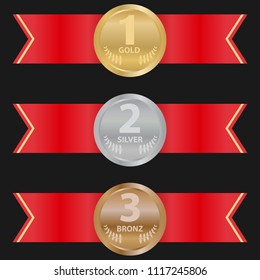 Sports medals with a red ribbon on a black background. A set of gold, silver and bronze sports medals. Flat design, vector illustration, vector.