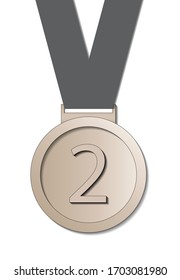 Sports medals, silver medal with gray ribbon. Champion winner awards, vector symbols