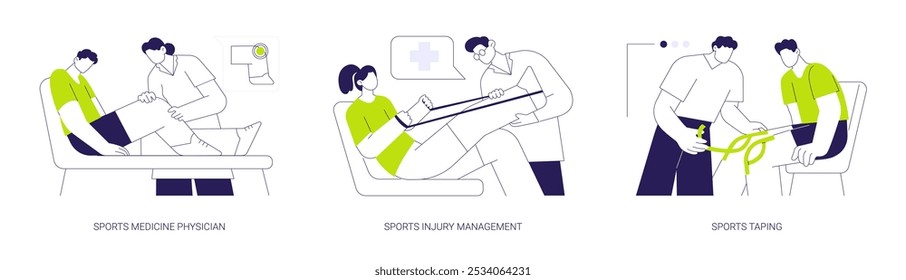 Sports medicine abstract concept vector illustration set. Sports medicine physician, injury management, kinesio taping, traumatologist treating athlete, recovery and rehabilitation abstract metaphor.