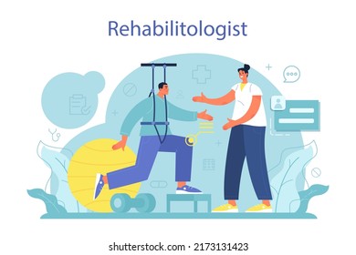 Sports medicine concept. Doctor helping patients during sport competition and rehabilitation. Physiotherapy treatment for athletes with physical injures. Flat vector illustration