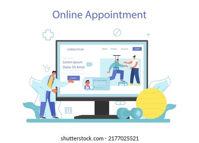 Sports medicine online service or platform. Doctor helping patient during sport competition. Physiotherapy treatment for athletes. Online appointment. Flat vector illustration