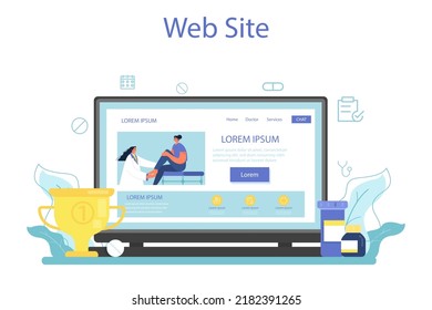 Sports Medicine Online Service Or Platform. Doctor Helping Patient During Sport Competition. Physiotherapy Treatment For Athletes. Website. Flat Vector Illustration