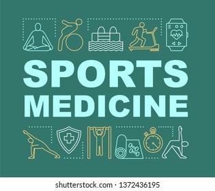 Sports medicine word concepts banner. Physical therapy, rehabilitation. Gymnastics, swimming. Presentation, website. Isolated lettering typography idea with linear icons. Vector outline illustration